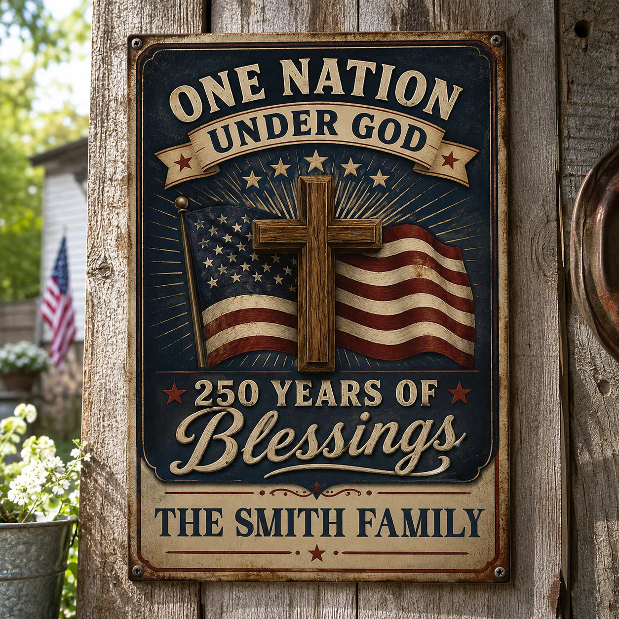 Custom One Nation Under God Metal Sign for Family with personalized design details for meaningful gifting