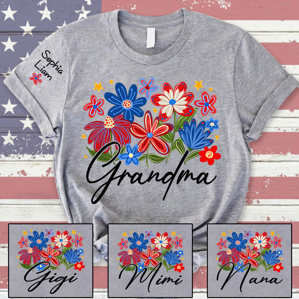Personalized Grandma T Shirt with Colorful Floral Design, Custom Gift for Grandma, Perfect for Mother’s Day, 4th of July Shirt